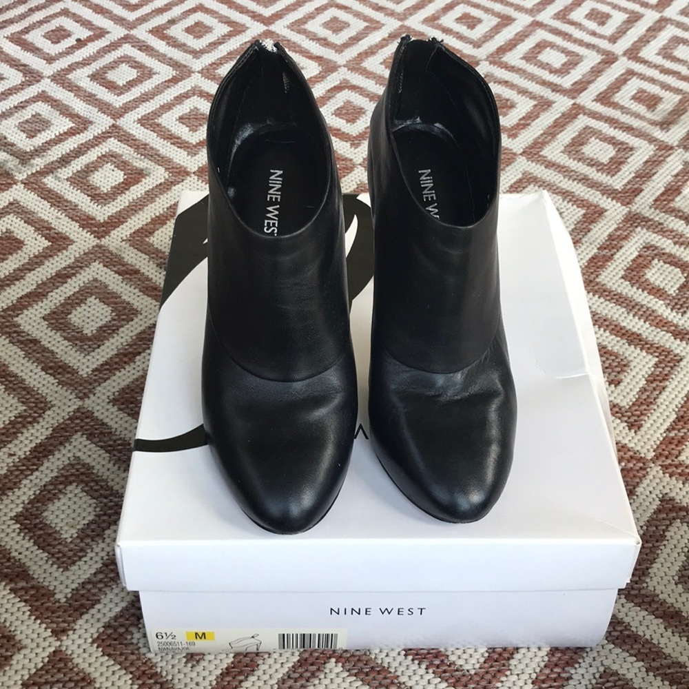 Black leather ankle boots with zip up heel.